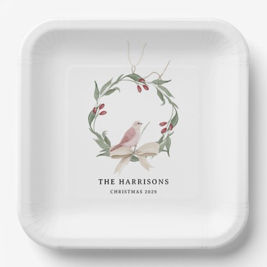 Personalisierter Wasserfarben-Weihnachtskranz Weiß Pappteller (Vorderseite)