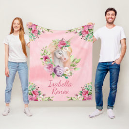 Personalisierter WatercolorblumenUnicorn Fleecedecke