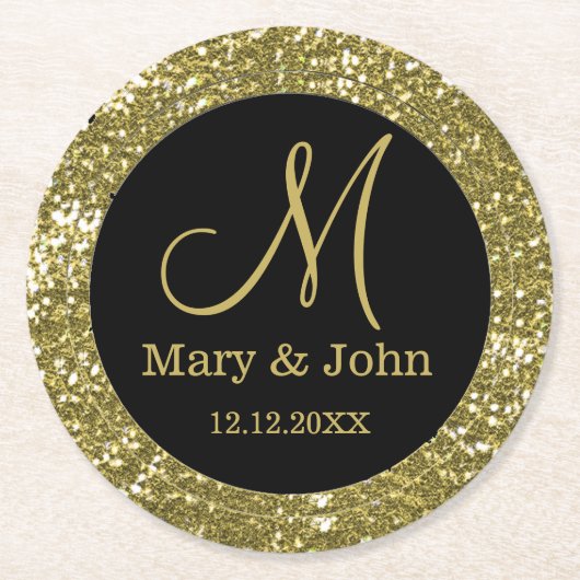 Personalisierter Wedding Monogram Glitzer Gold Runder Pappuntersetzer (Vorderseite)