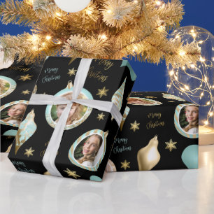 Personalisierter Weihnachts-Aqua-Gold-Foto-Schmuck Geschenkpapier