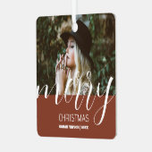 Personalisierter Weihnachts-Foto-Script-Name Ornament Aus Metall (Vorderseite links)