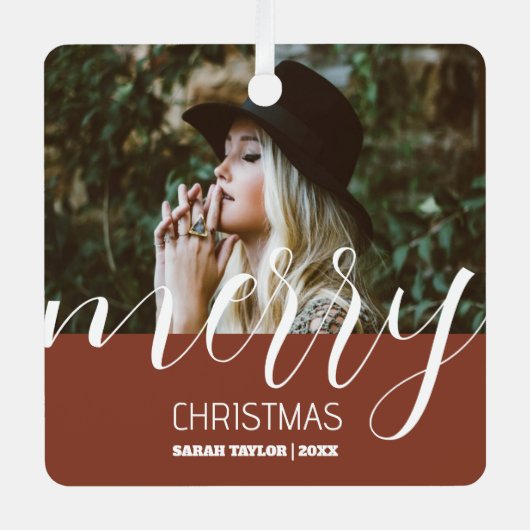 Personalisierter Weihnachts-Foto-Script-Name Ornament Aus Metall (Vorderseite)