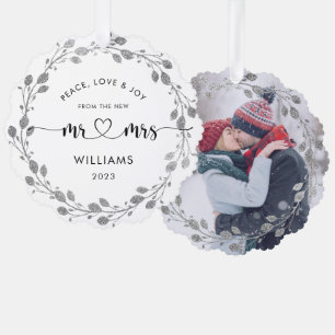 Personalisierter Weihnachts-Mann-Frau-Kranz-Foto Ornament Karte