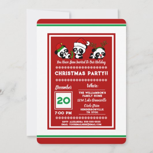 Personalisierter Weihnachts-Pandas-Urlaub Einladung (Rückseite)