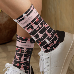 Personalisierter Weihnachts-Rosa-Feiertagsbaum-Ren Socken