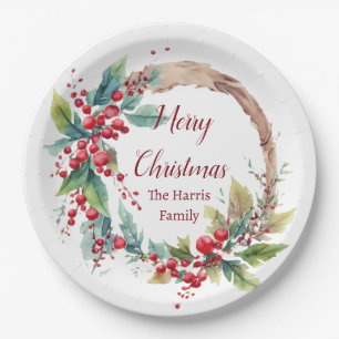 Personalisierter Weihnachts-Wasserfarben-Stechpalm Pappteller