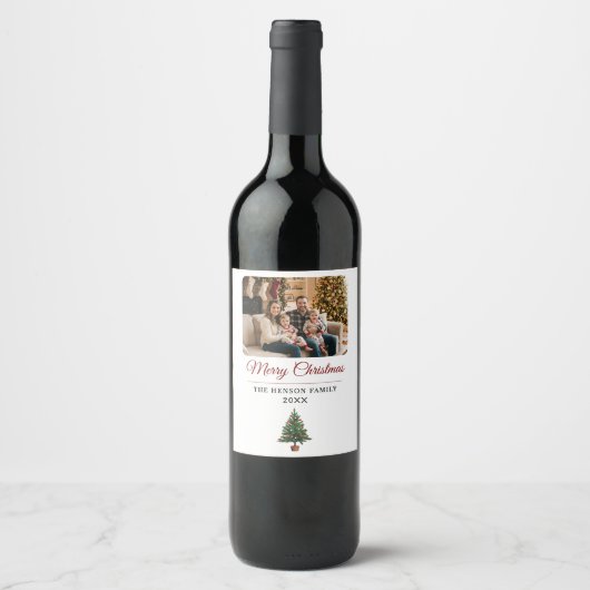 Personalisierter Weihnachtsbaum Familienfoto  Weinetikett (Vorderseite)