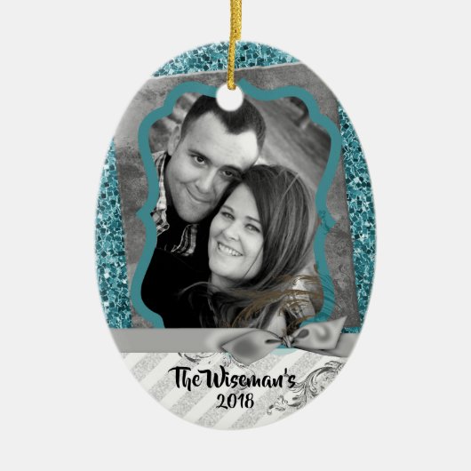 Personalisierter Weihnachtsblauer Glitzer FOTO Orn Keramik Ornament (Vorne)