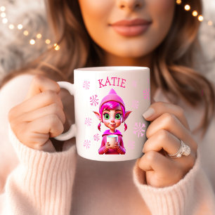 Personalisierter Weihnachtself Pinke Schneeflocken Kaffeetasse