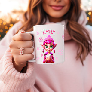 Personalisierter Weihnachtself Pinke Schneeflocken Kaffeetasse