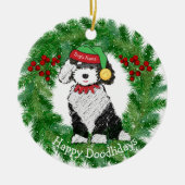 Personalisierter Weihnachtself Sheepadoodle Keramik Ornament (Vorne)