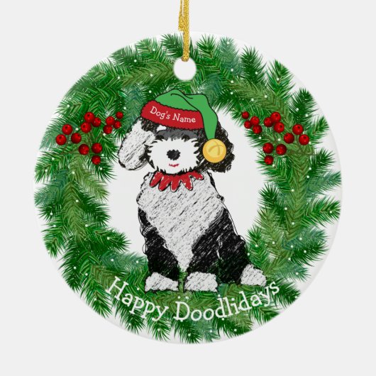 Personalisierter Weihnachtself Sheepadoodle Keramik Ornament (Hinten)