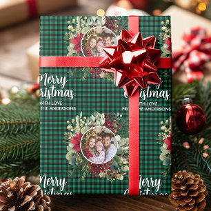 Personalisierter Weihnachtskranz-Familienfoto Plai Geschenkpapier