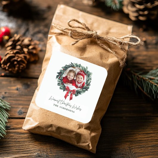 Personalisierter Weihnachtskranz mit Foto und Name Quadratischer Aufkleber