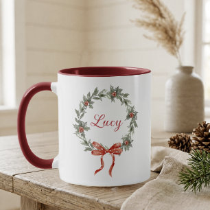Personalisierter Weihnachtskranz mit Stechpalmenbe Tasse