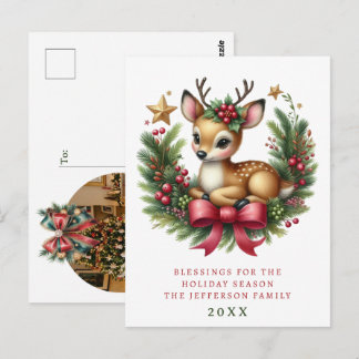 Personalisierter Weihnachtskranz mit süßen Hirsche Postkarte