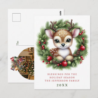 Personalisierter Weihnachtskranz mit süßen Hirsche Postkarte