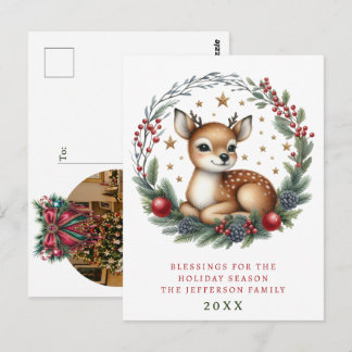 Personalisierter Weihnachtskranz mit süßen Hirsche Postkarte