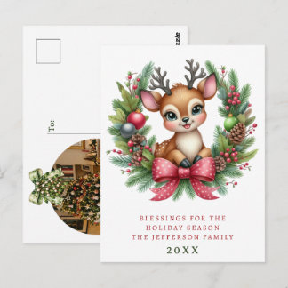 Personalisierter Weihnachtskranz mit süßen Hirsche Postkarte