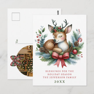 Personalisierter Weihnachtskranz mit süßen Hirsche Postkarte