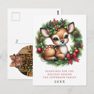 Personalisierter Weihnachtskranz mit süßen Hirsche Postkarte