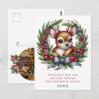 Personalisierter Weihnachtskranz mit süßen Hirsche Postkarte