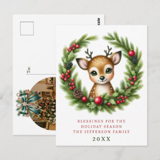 Personalisierter Weihnachtskranz mit süßen Hirsche Postkarte