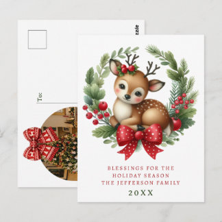 Personalisierter Weihnachtskranz mit süßen Hirsche Postkarte