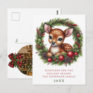 Personalisierter Weihnachtskranz mit süßen Hirsche Postkarte