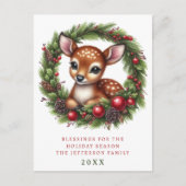 Personalisierter Weihnachtskranz mit süßen Hirsche Postkarte (Vorderseite)