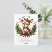 Personalisierter Weihnachtskranz mit süßen Hirsche Postkarte (Stehend Vorderseite)