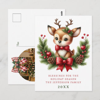 Personalisierter Weihnachtskranz mit süßen Hirsche Postkarte