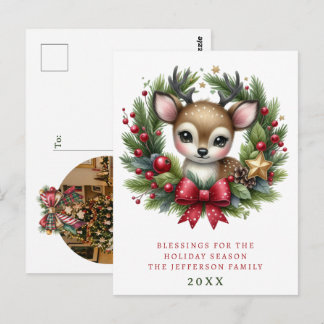 Personalisierter Weihnachtskranz mit süßen Hirsche Postkarte