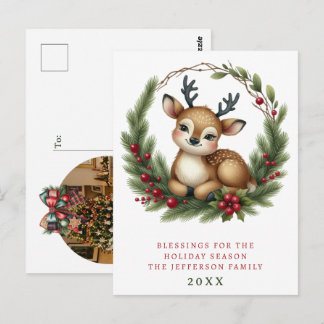 Personalisierter Weihnachtskranz mit süßen Hirsche Postkarte