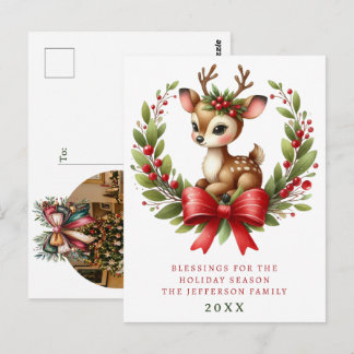 Personalisierter Weihnachtskranz mit süßen Hirsche Postkarte