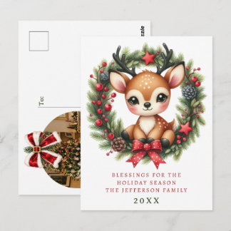 Personalisierter Weihnachtskranz mit süßen Hirsche Postkarte
