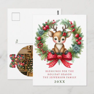 Personalisierter Weihnachtskranz mit süßen Hirsche Postkarte