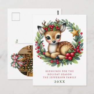 Personalisierter Weihnachtskranz mit süßen Hirsche Postkarte