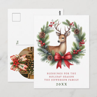 Personalisierter Weihnachtskranz mit süßen Hirsche Postkarte