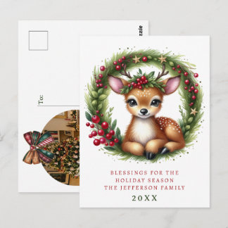 Personalisierter Weihnachtskranz mit süßen Hirsche Postkarte