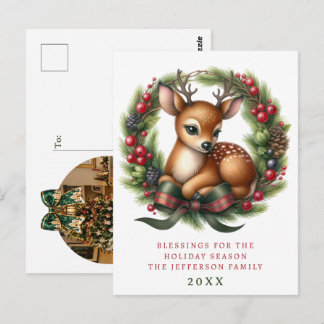 Personalisierter Weihnachtskranz mit süßen Hirsche Postkarte