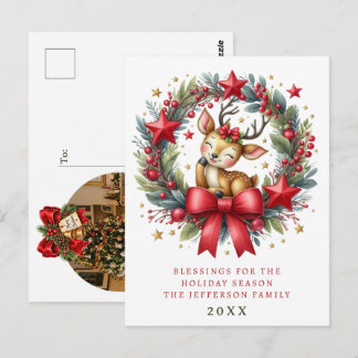 Personalisierter Weihnachtskranz mit süßen Hirsche Postkarte