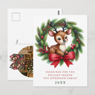 Personalisierter Weihnachtskranz mit süßen Hirsche Postkarte