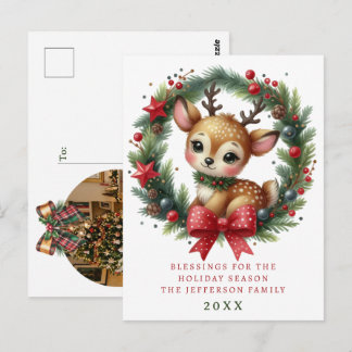 Personalisierter Weihnachtskranz mit süßen Hirsche Postkarte