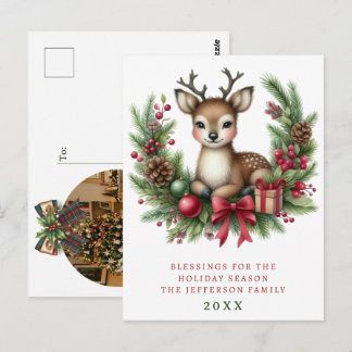 Personalisierter Weihnachtskranz mit süßen Hirsche Postkarte