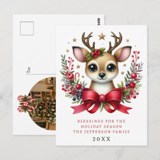 Personalisierter Weihnachtskranz mit süßen Hirsche Postkarte