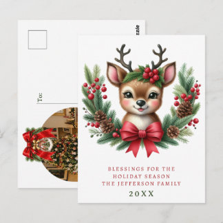 Personalisierter Weihnachtskranz mit süßen Hirsche Postkarte
