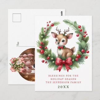 Personalisierter Weihnachtskranz mit süßen Hirsche Postkarte