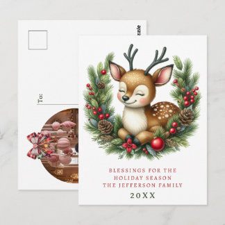 Personalisierter Weihnachtskranz mit süßen Hirsche Postkarte
