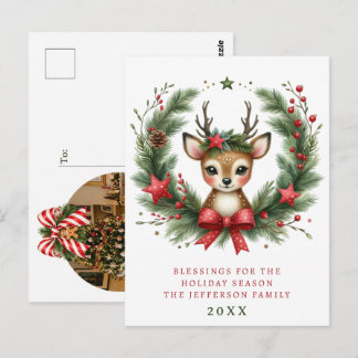 Personalisierter Weihnachtskranz mit süßen Hirsche Postkarte